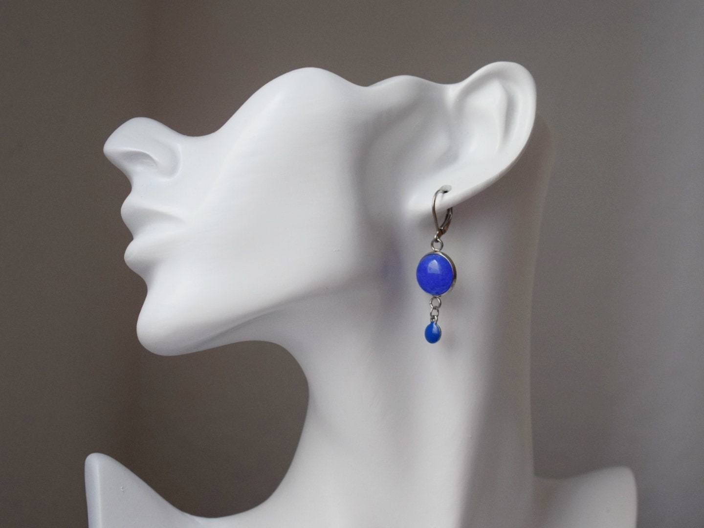 Blue jade earrings, Gemstone dangle enamel pendant, Boho jewelry, Gift for her