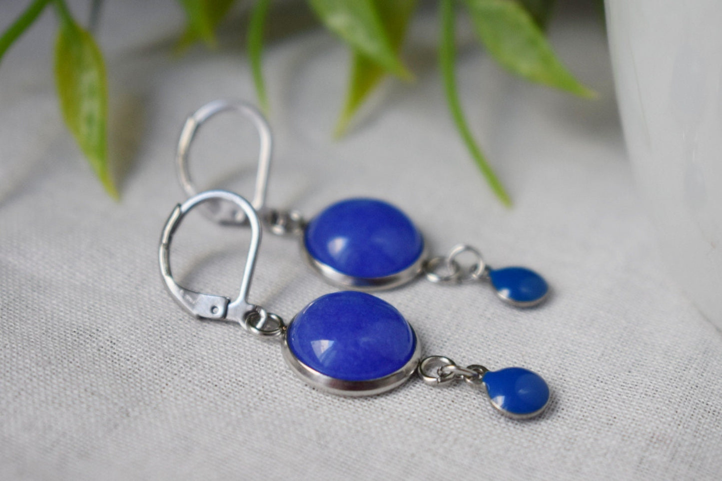 Blue jade earrings, Gemstone dangle enamel pendant, Boho jewelry, Gift for her