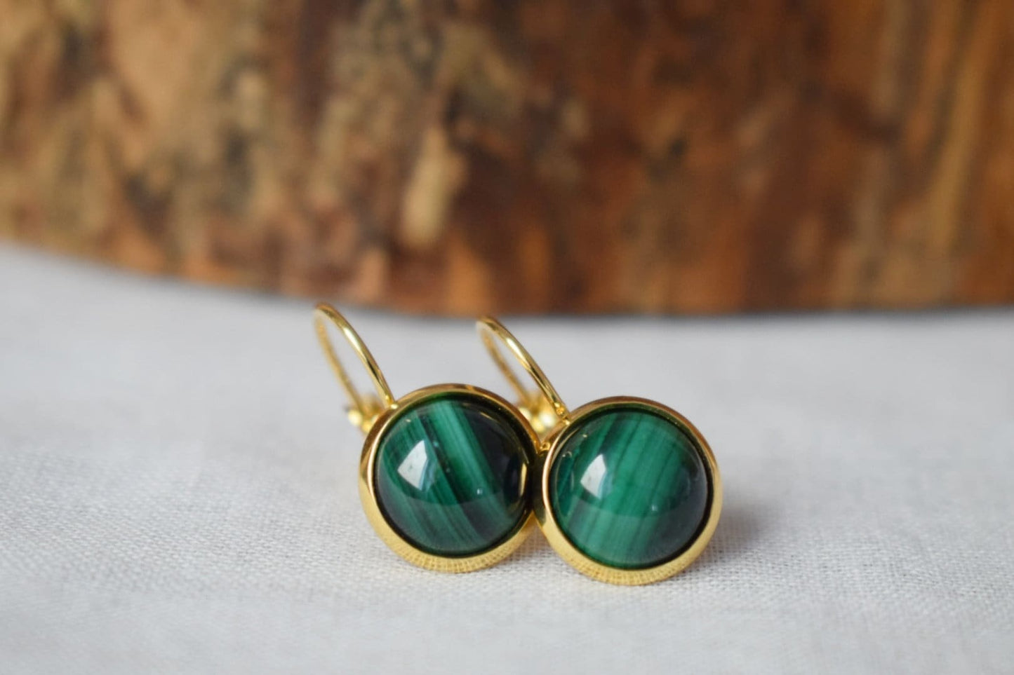 Malachite Lever Back Earrings: 18k Gold Plated Dangles, Green Natural Gemstone Jewellery