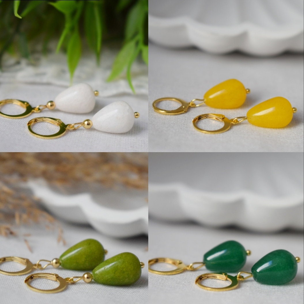 Weiße Jade-Gold-Ohrringe, Tropfen-Edelstein-Ohrringe, Creolen mit Tropfenstein, Perlen-Hängeohrringe, Lever Back, Weißgold-Schmuck, Geschenk für Sie