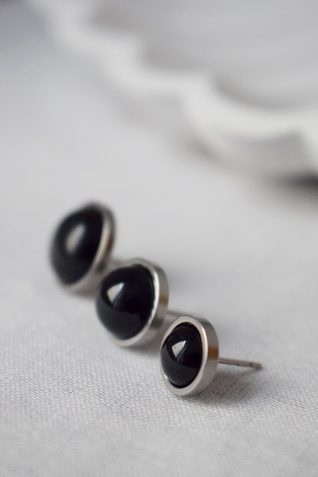 Black agate stud earrings, Gemstone Stainless steel Unisex Jewelry