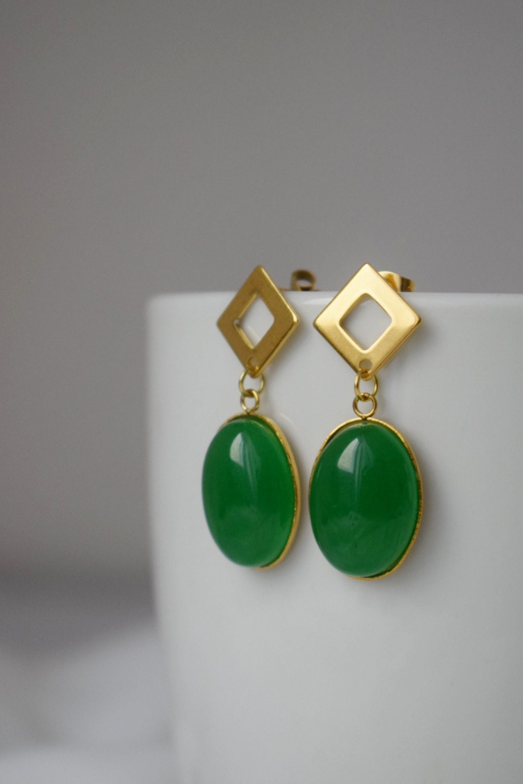 Green Jade Dangle Earrings, Oval Gemstone Studs, Jewelry Gift For Her