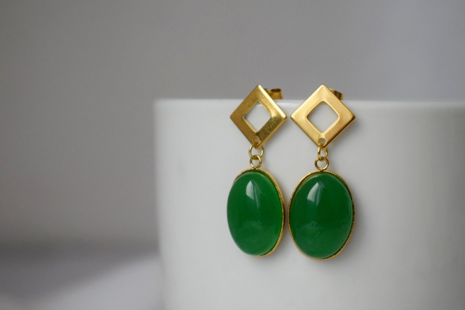 Green Jade Dangle Earrings, Oval Gemstone Studs, Jewelry Gift For Her