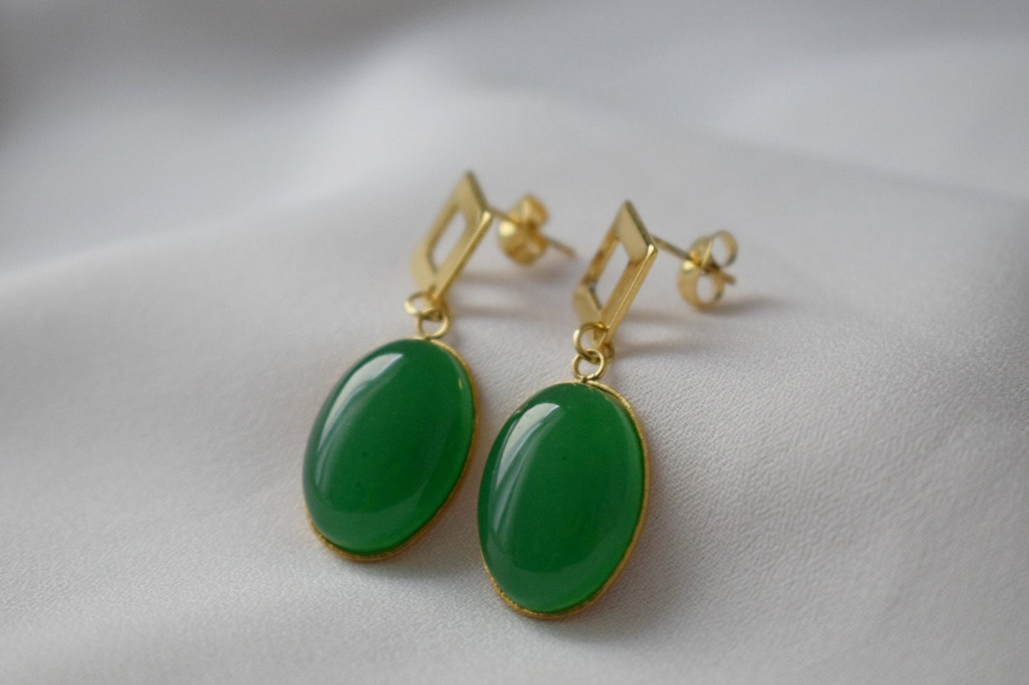 Green Jade Dangle Earrings, Oval Gemstone Studs, Jewelry Gift For Her