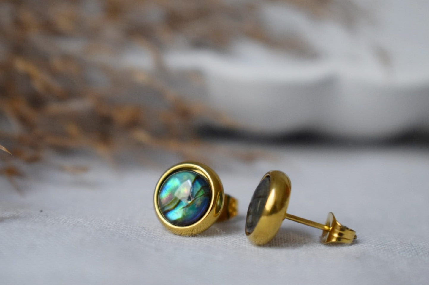 Abalone Shell Stud Earrings: Gold Plated Stainless Steel, Jewelry Gift