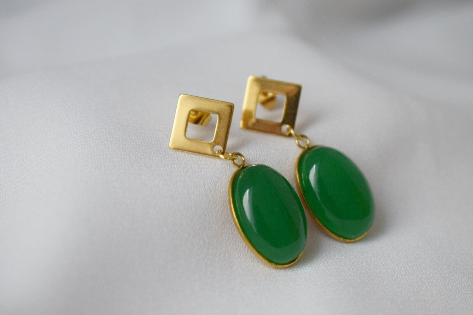 Green Jade Dangle Earrings, Oval Gemstone Studs, Jewelry Gift For Her