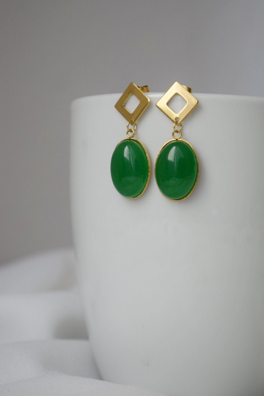 Green Jade Dangle Earrings, Oval Gemstone Studs, Jewelry Gift For Her