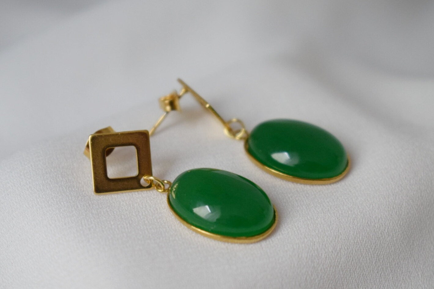 Green Jade Dangle Earrings, Oval Gemstone Studs, Jewelry Gift For Her