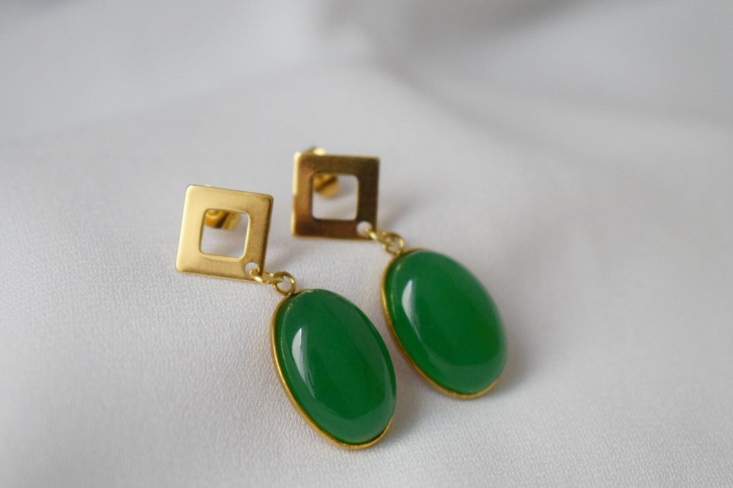 Green Jade Dangle Earrings, Oval Gemstone Studs, Jewelry Gift For Her