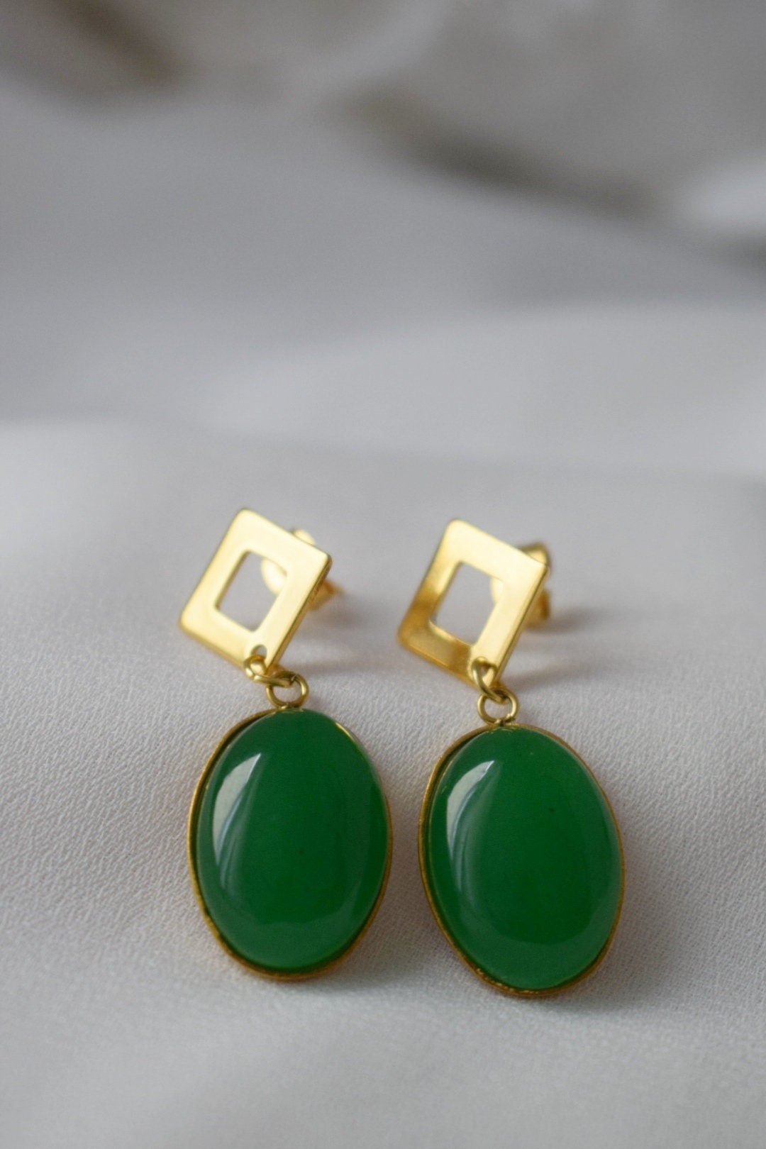 Green Jade Dangle Earrings, Oval Gemstone Studs, Jewelry Gift For Her