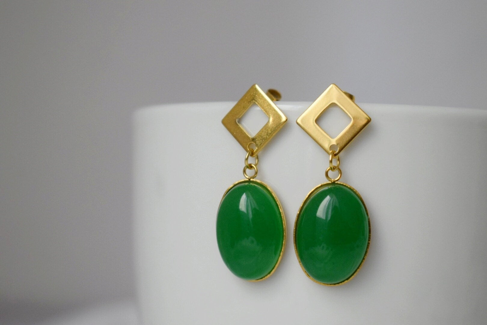 Green Jade Dangle Earrings, Oval Gemstone Studs, Jewelry Gift For Her