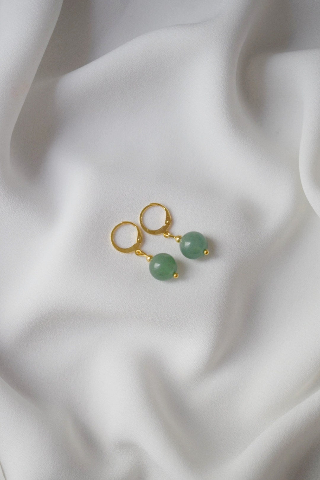 Aventurine Hoop Earrings: 24k Gold Plated Huggie Dangle, Green Gemstone Jewellery