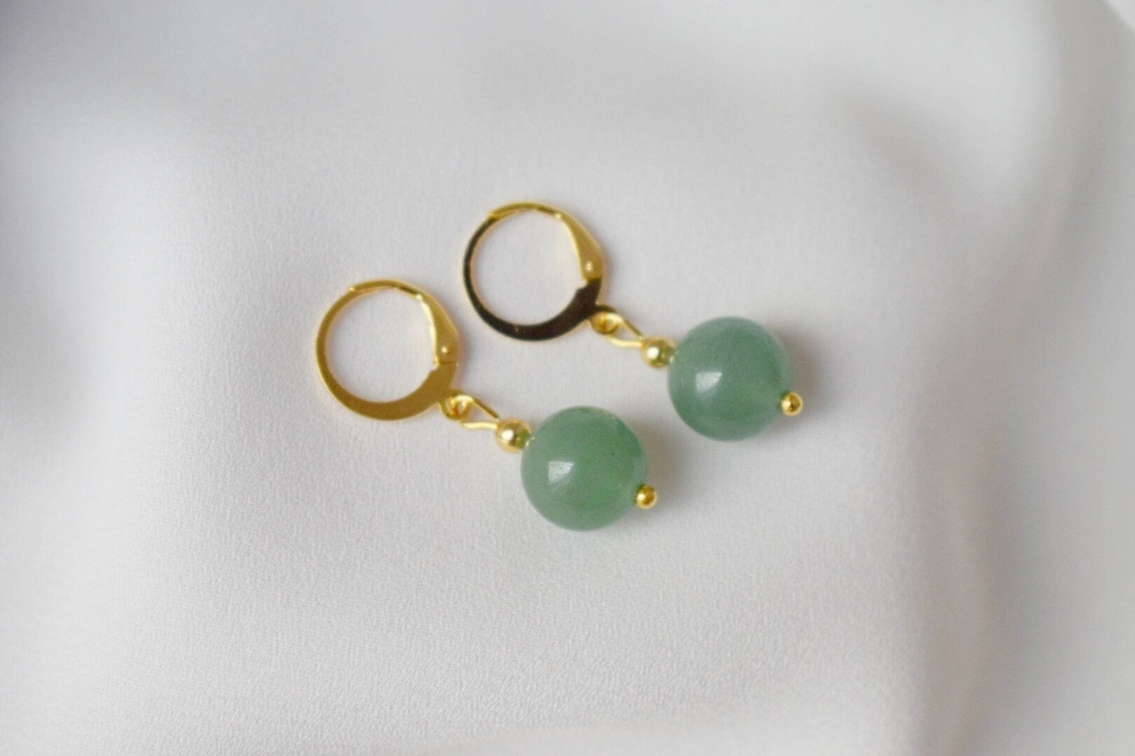 Aventurine Hoop Earrings: 24k Gold Plated Huggie Dangle, Green Gemstone Jewellery