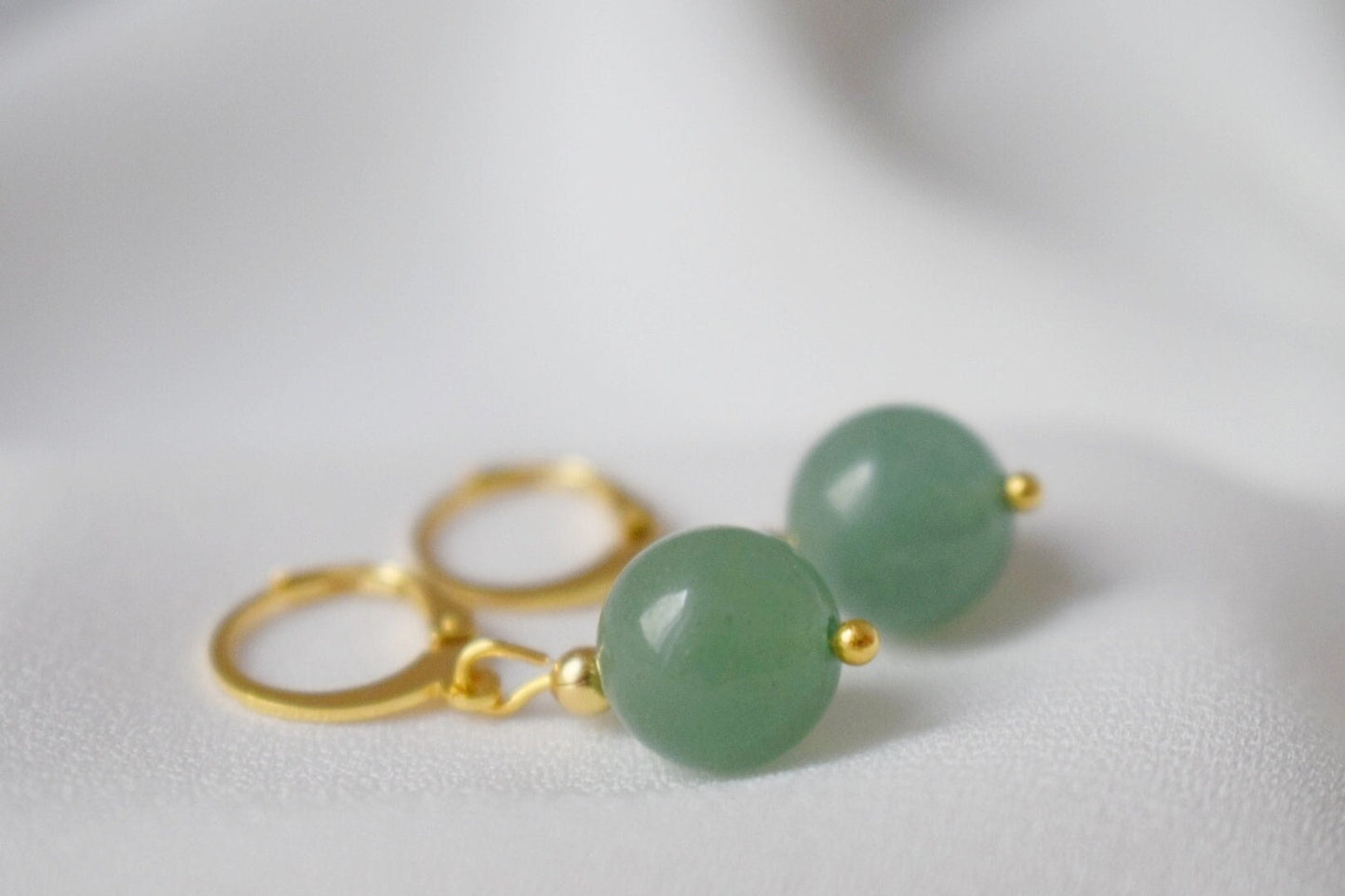 Aventurine Hoop Earrings: 24k Gold Plated Huggie Dangle, Green Gemstone Jewellery