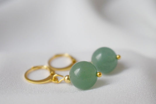 Aventurine Hoop Earrings: 24k Gold Plated Huggie Dangle, Green Gemstone Jewellery