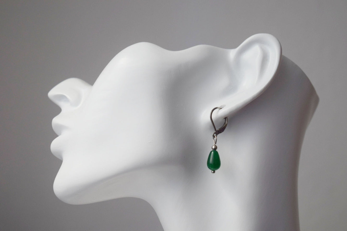 Green Jade Teardrop Earrings, Sterling Silver Lever Back Huggies Jewelry