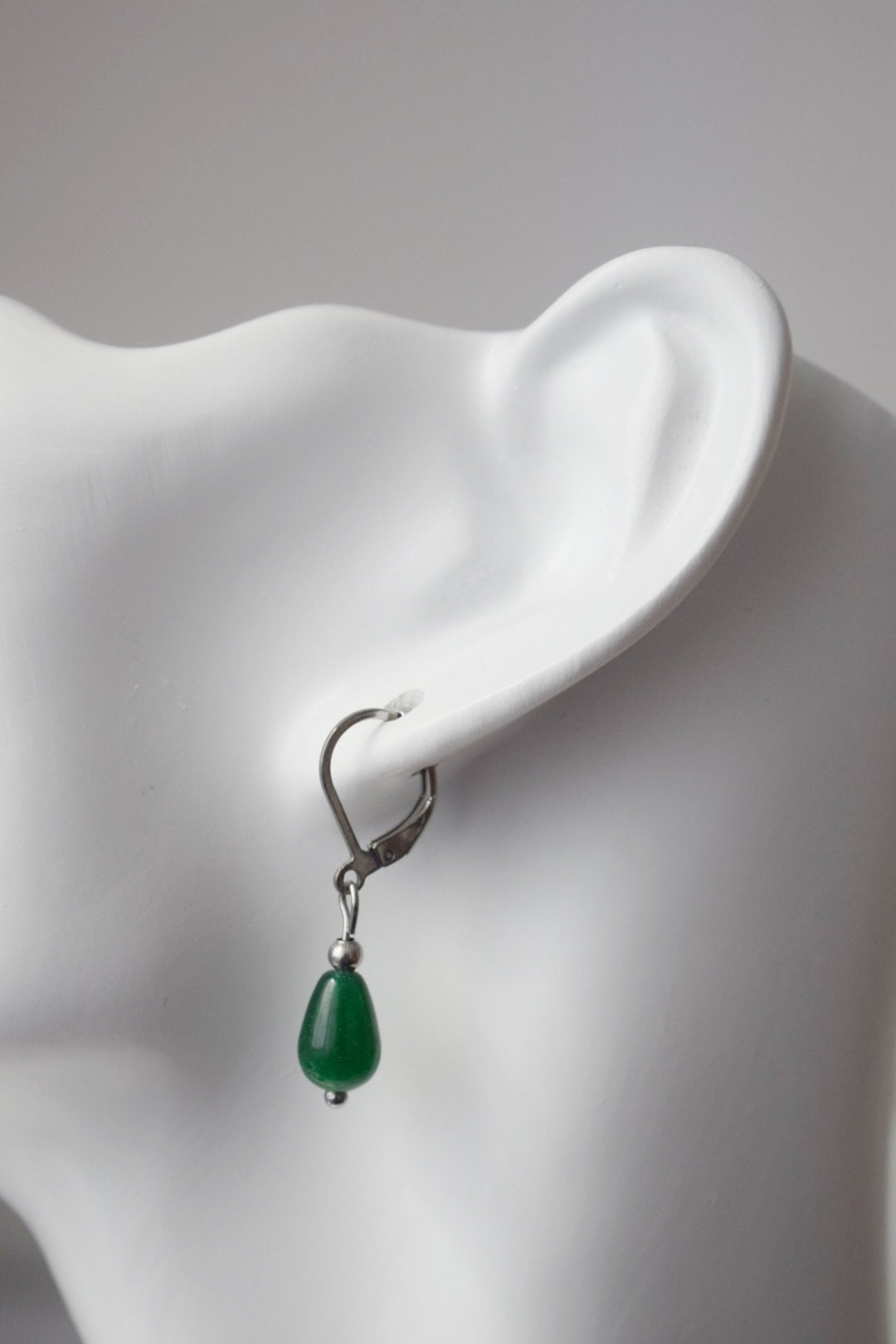Green Jade Teardrop Earrings, Sterling Silver Lever Back Huggies Jewelry
