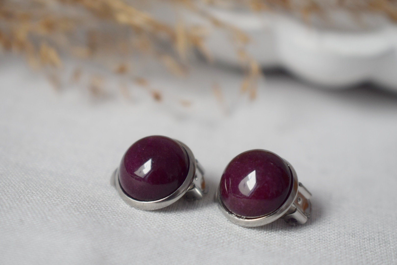 Red Jade Clip On Earrings: Stainless Steel Non Pierced Jewelry