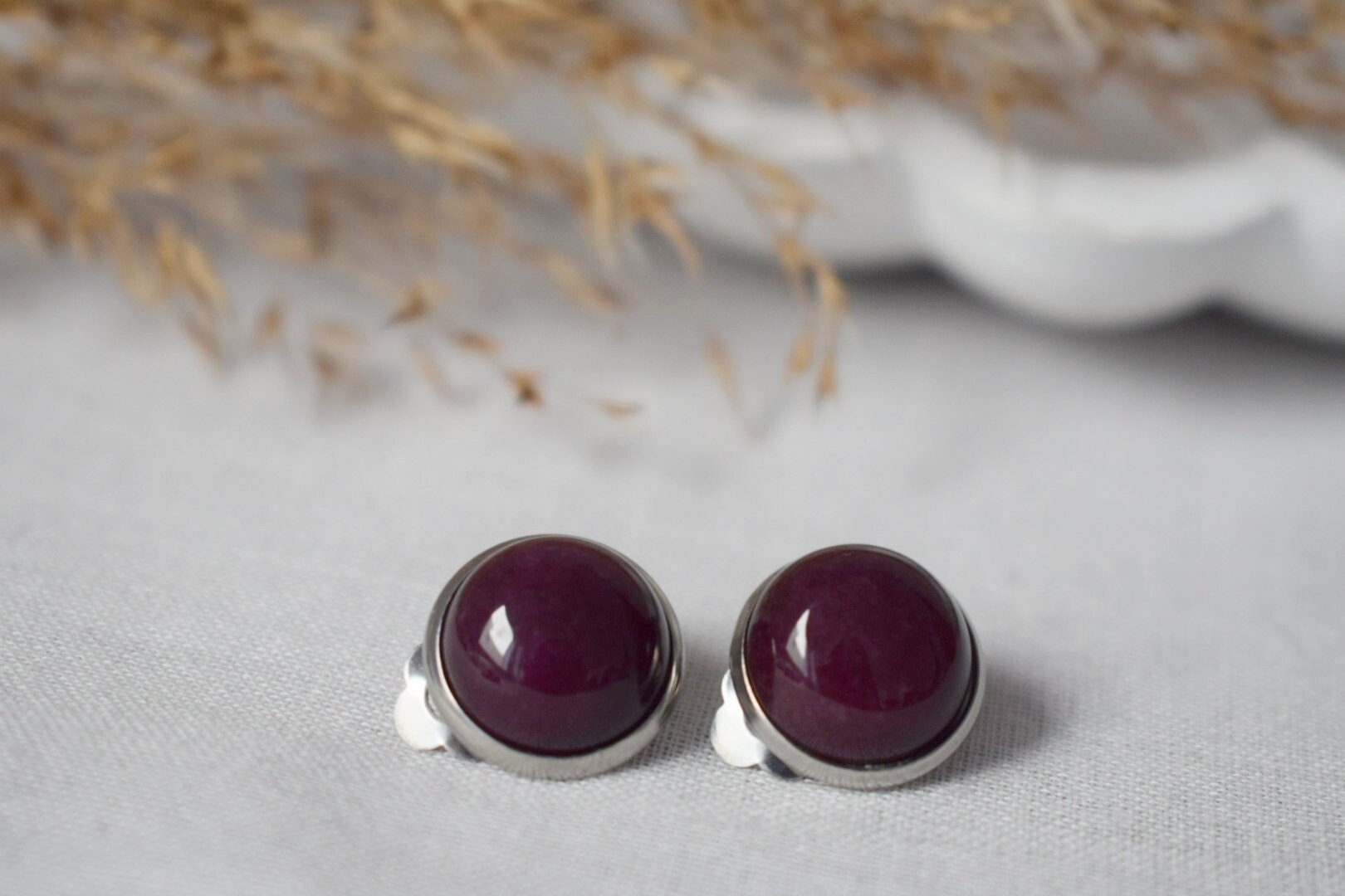 Red Jade Clip On Earrings: Stainless Steel Non Pierced Jewelry