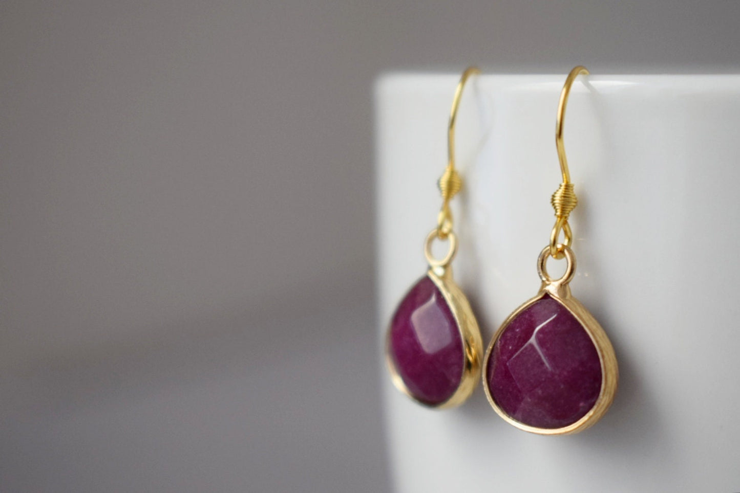 Red Jade Earrings Gold, Teardrop Wine Red Faceted Pendant, Gemstone Hanging Earrings, Dangle Drop Earrings Women, Jade Jewelry, Gift For Her