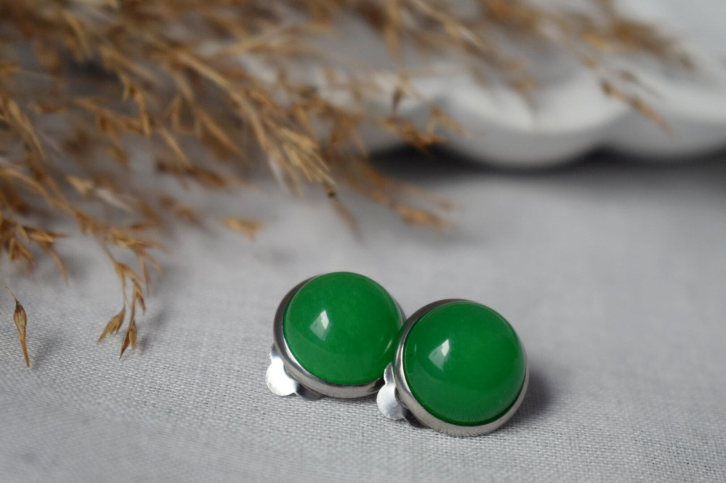 Green Jade Clip On Earrings, 10mm Gemstone Clips