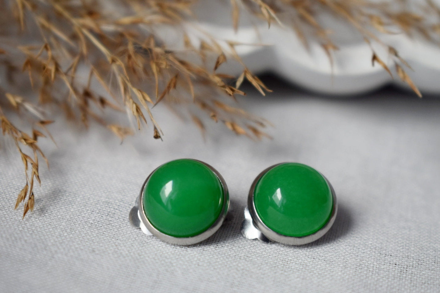 Green Jade Clip On Earrings, 10mm Gemstone Clips
