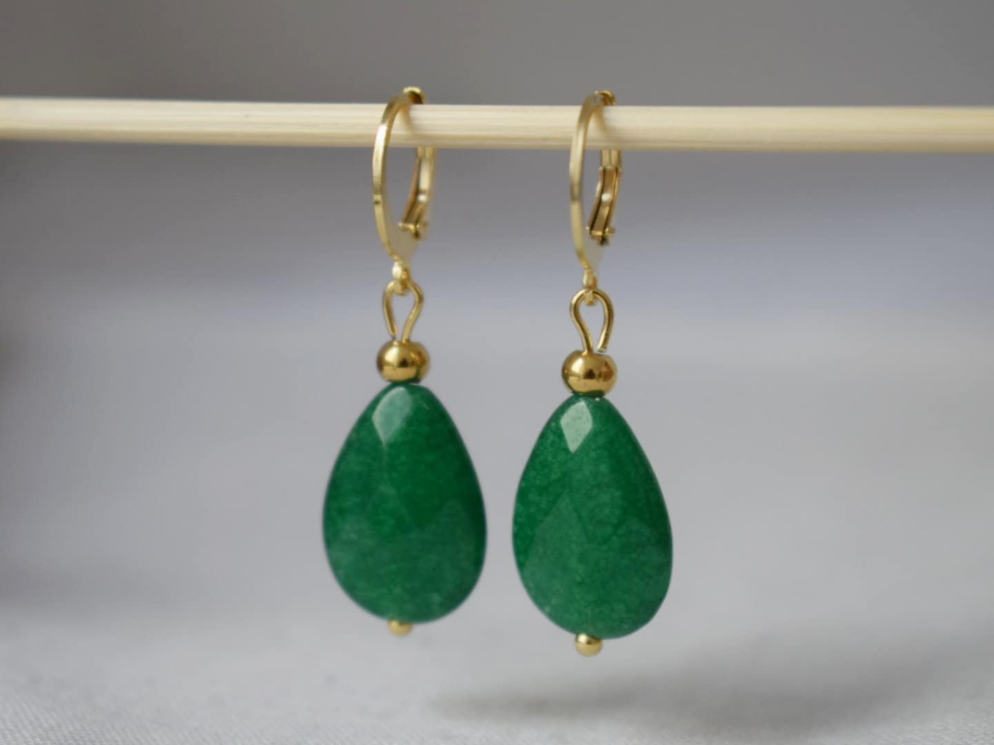 Green jade earrings gold, Teardrop dangling earrings, Green faceted gemstone drop huggies, Stone hoops, Green jade jewelry, Gift for her