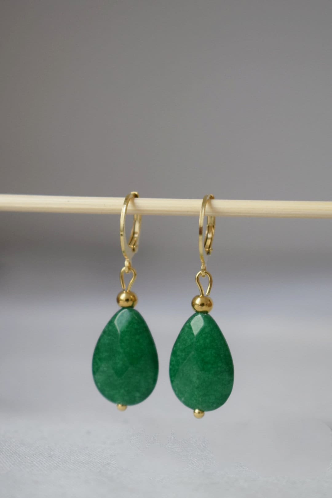 Green jade earrings gold, Teardrop dangling earrings, Green faceted gemstone drop huggies, Stone hoops, Green jade jewelry, Gift for her