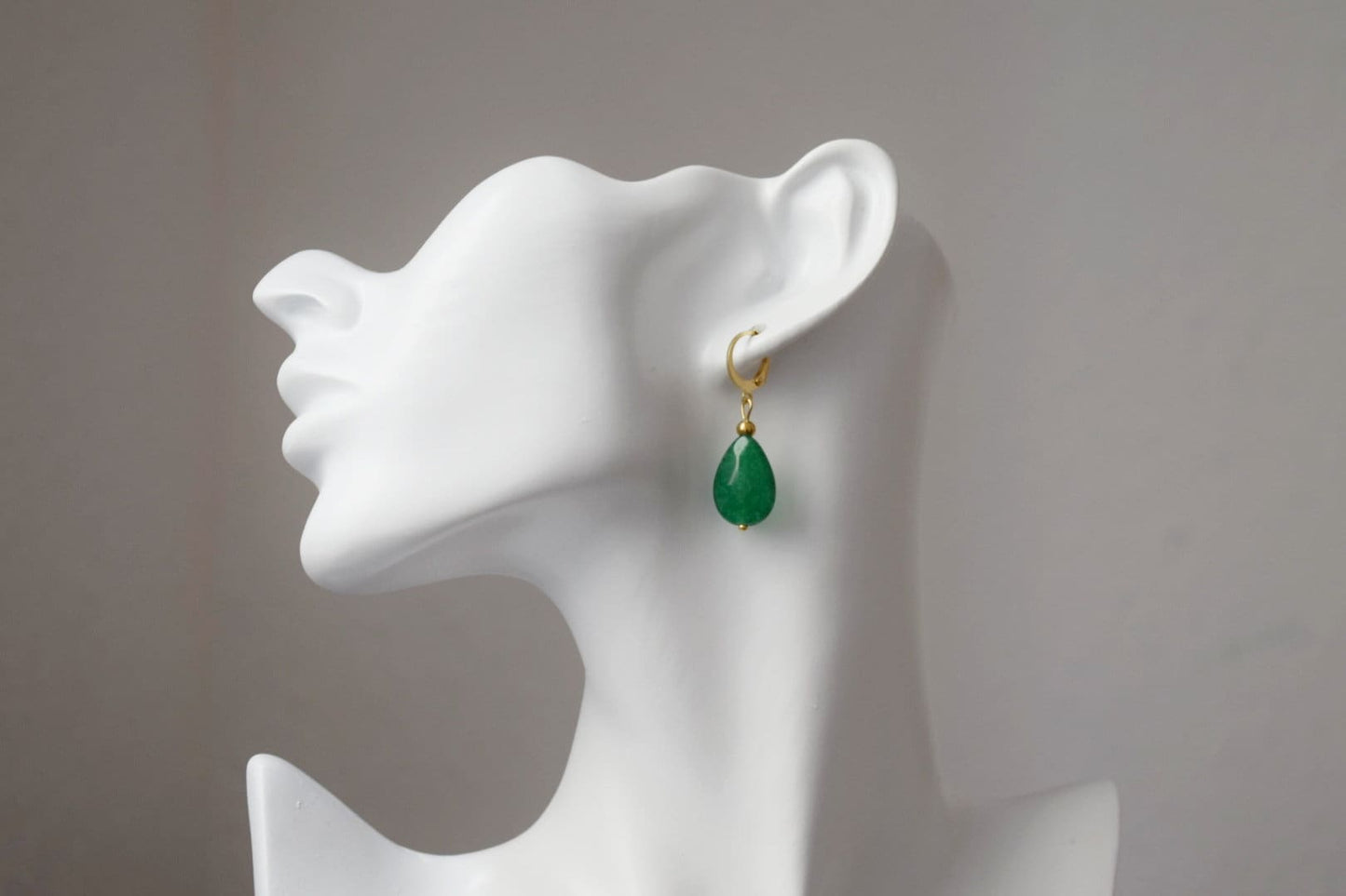 Green jade earrings gold, Teardrop dangling earrings, Green faceted gemstone drop huggies, Stone hoops, Green jade jewelry, Gift for her