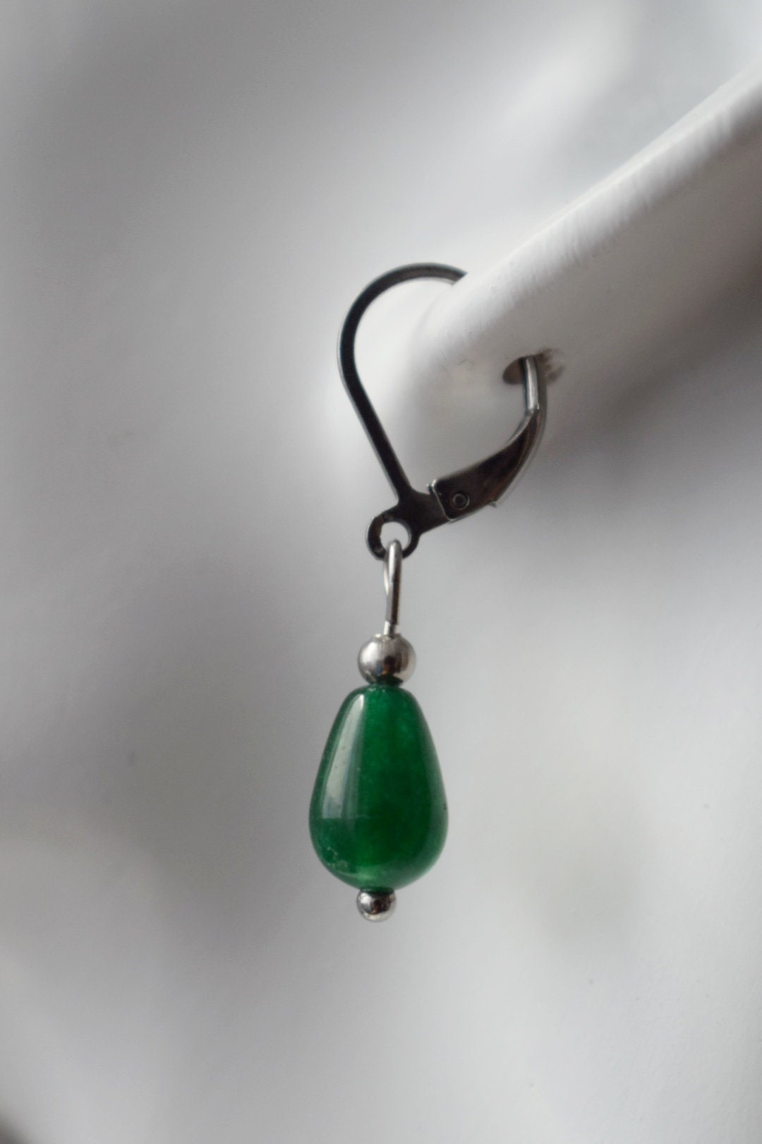 Green Jade Teardrop Earrings, Sterling Silver Lever Back Huggies Jewelry