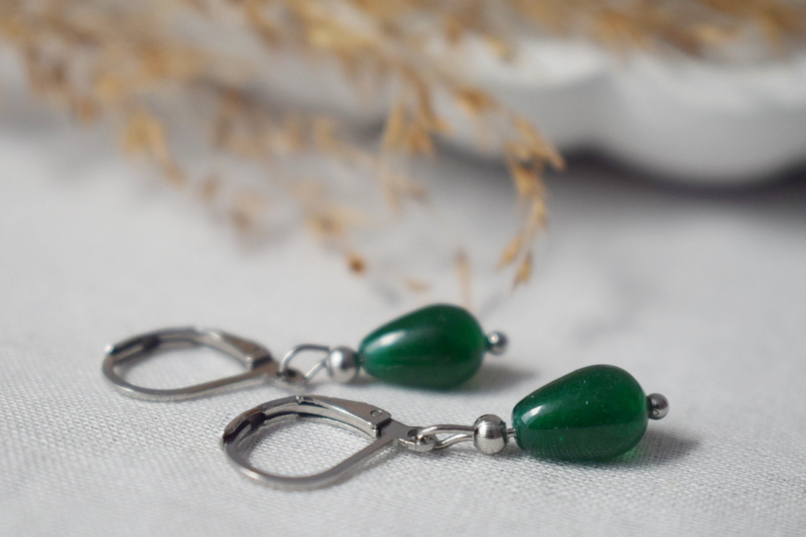 Green Jade Teardrop Earrings, Sterling Silver Lever Back Huggies Jewelry