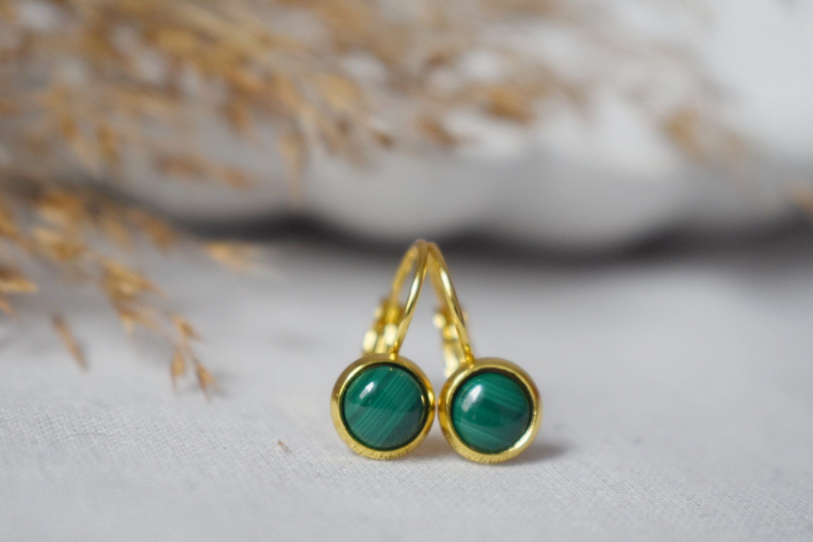 Malachite Lever Back Earrings: 18k Gold Plated Dangles, Green Natural Gemstone Jewellery