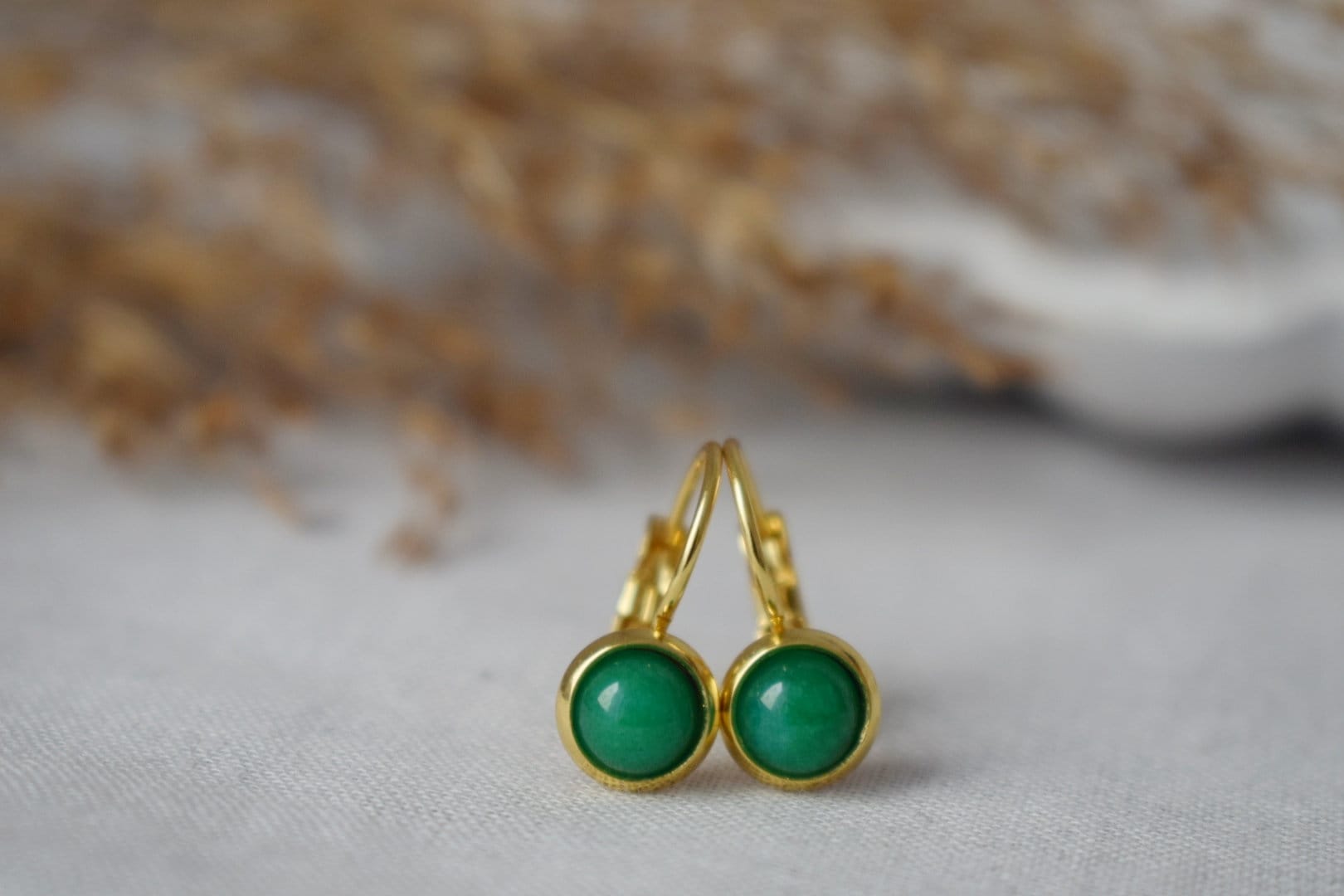 Green Jade Earrings, 18k Gold Plated Lever-back Gemstone Jewelry