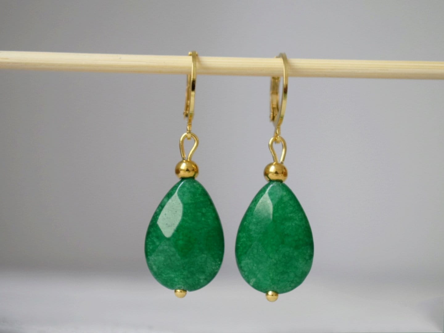 Green jade earrings gold, Teardrop dangling earrings, Green faceted gemstone drop huggies, Stone hoops, Green jade jewelry, Gift for her