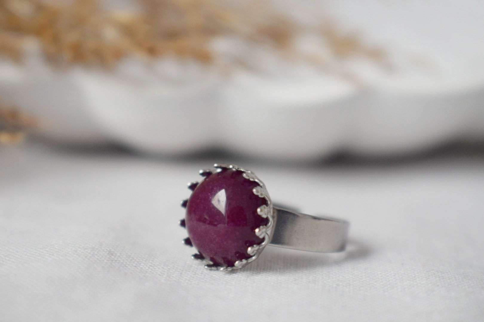 Dark Wine red jade ring, Adjustable Everyday stone ring, gemstone jewelry, gift for her