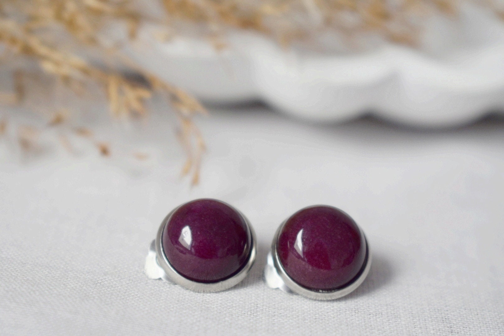 Red Jade Clip On Earrings: Stainless Steel Non Pierced Jewelry