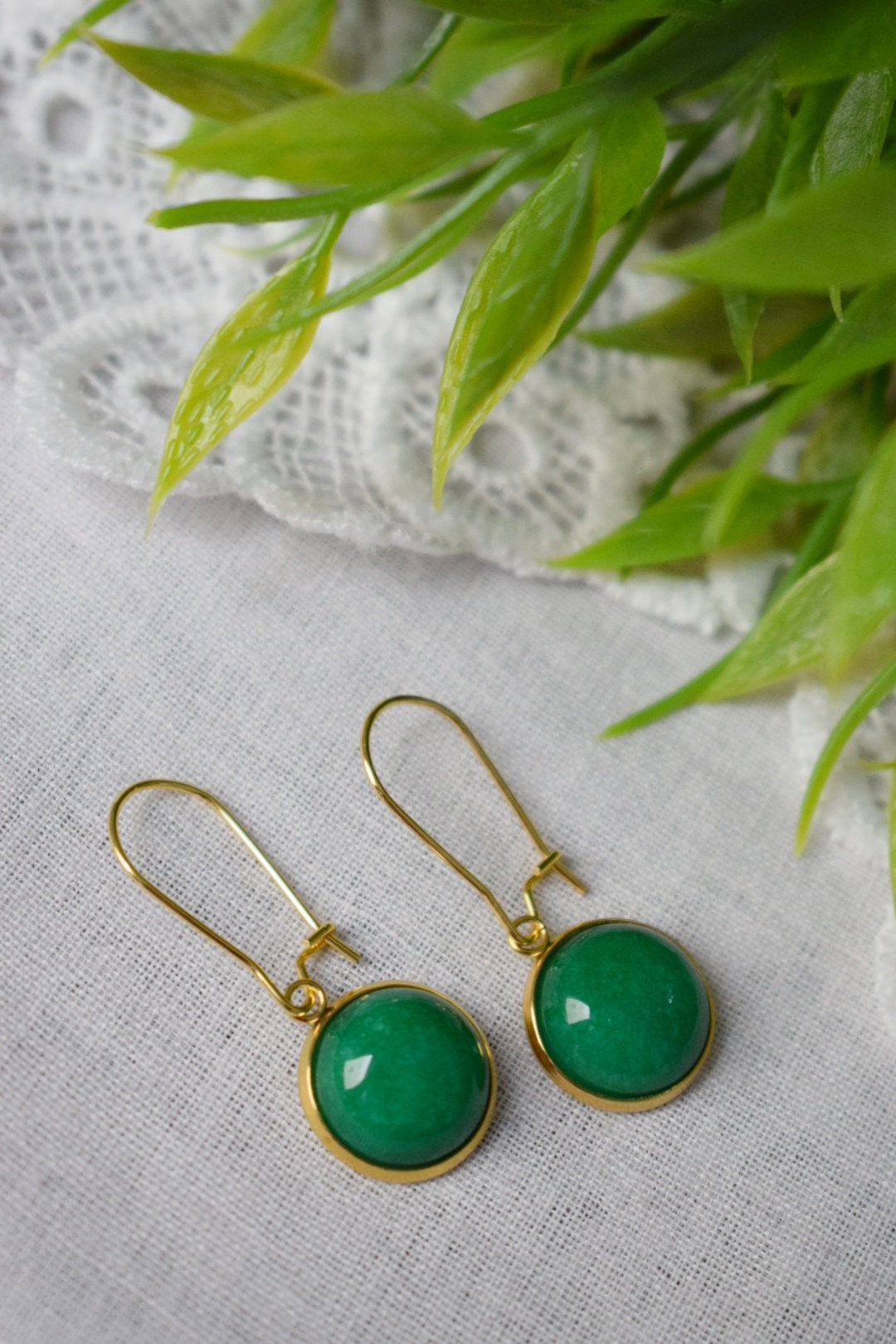Gold Hoop Green Jade Lever Back Earrings, Gemstone Dangle