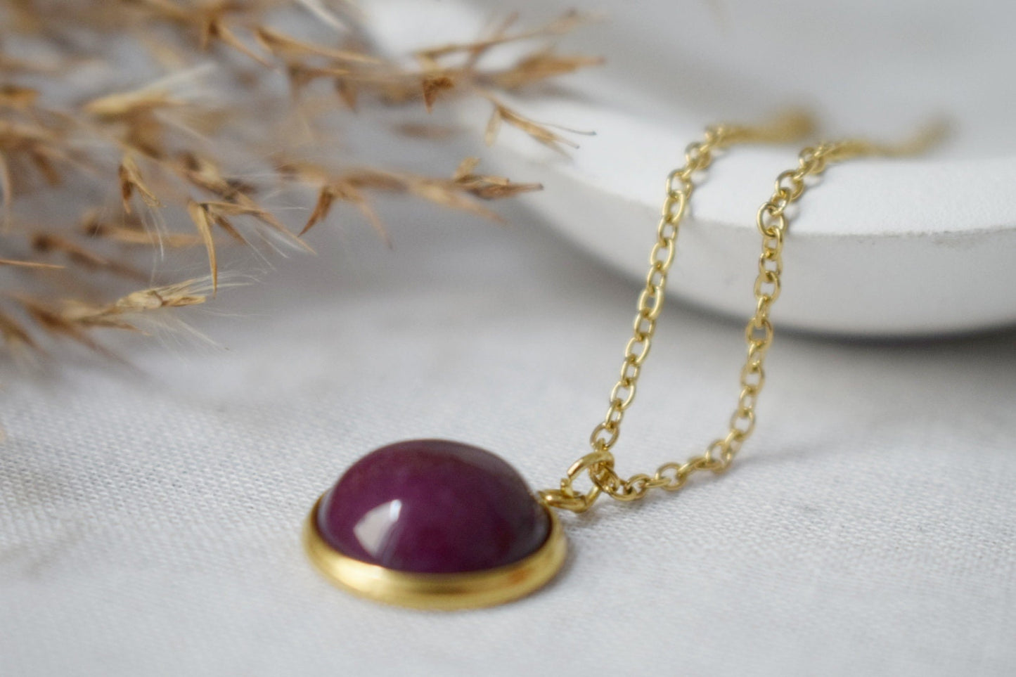 Red jade necklace, Wine red Gemstone, 18k Gold Plated Stainless Steel jewelry