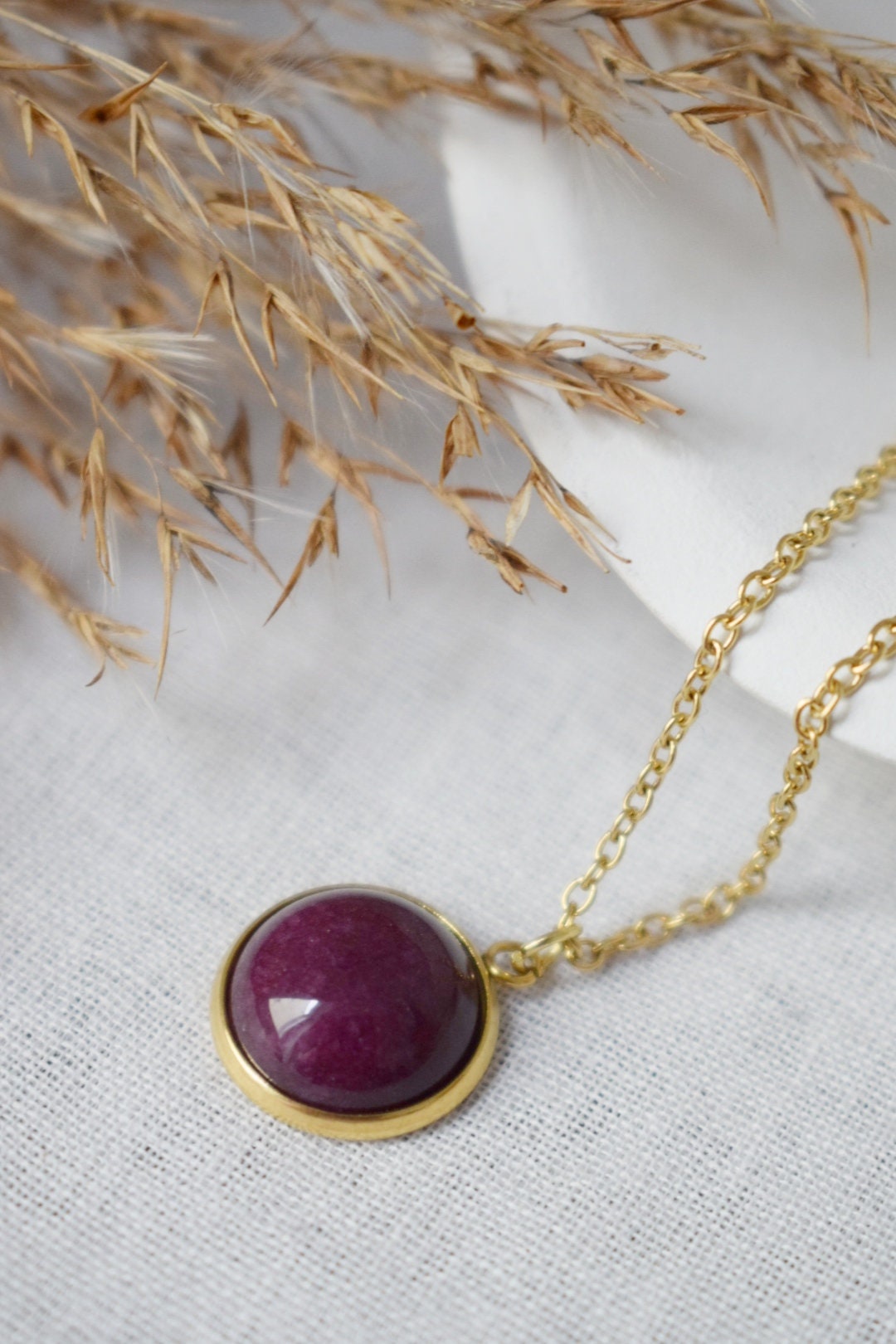 Red jade necklace, Wine red Gemstone, 18k Gold Plated Stainless Steel jewelry