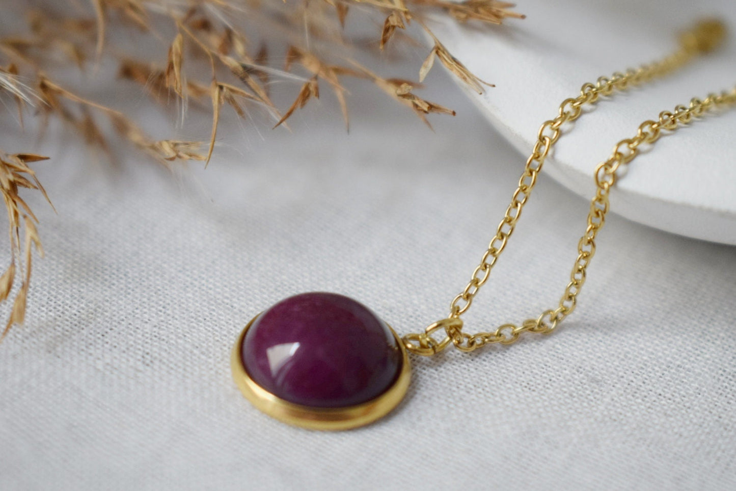 Red jade necklace, Wine red Gemstone, 18k Gold Plated Stainless Steel jewelry