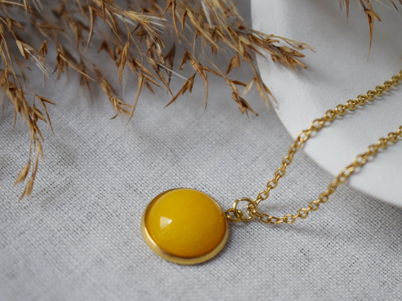 Yellow Jade Pendant Necklace: 18k Gold Plated Stainless Steel Jewelry