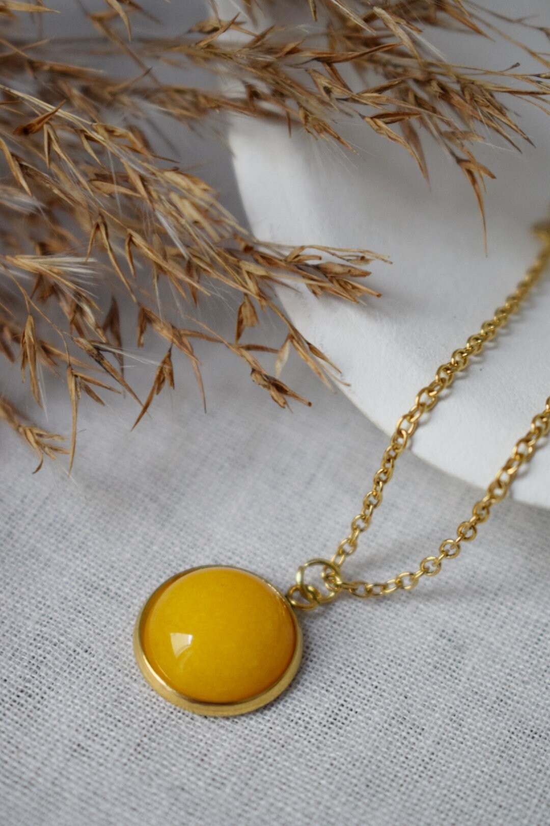 Yellow Jade Pendant Necklace: 18k Gold Plated Stainless Steel Jewelry