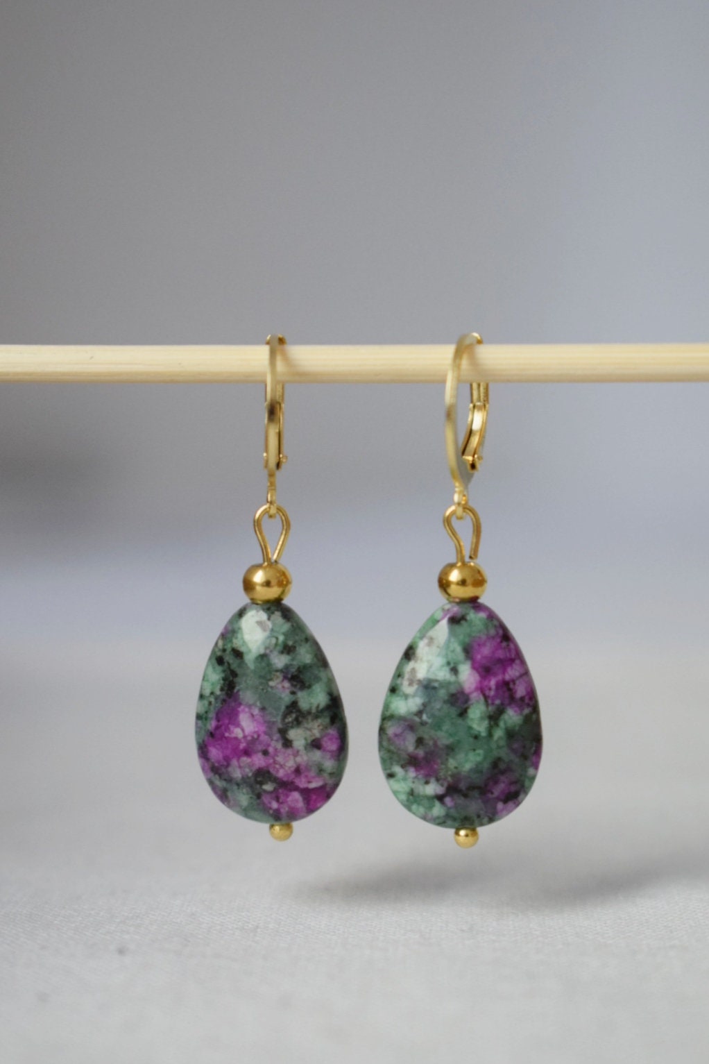 Ruby In Zoisite Earrings, Teardrop beaded Huggies, Dangle gemstone Jewelry
