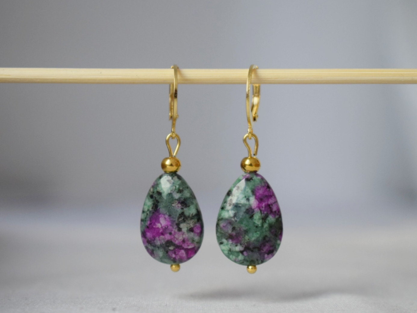 Ruby In Zoisite Earrings, Teardrop beaded Huggies, Dangle gemstone Jewelry