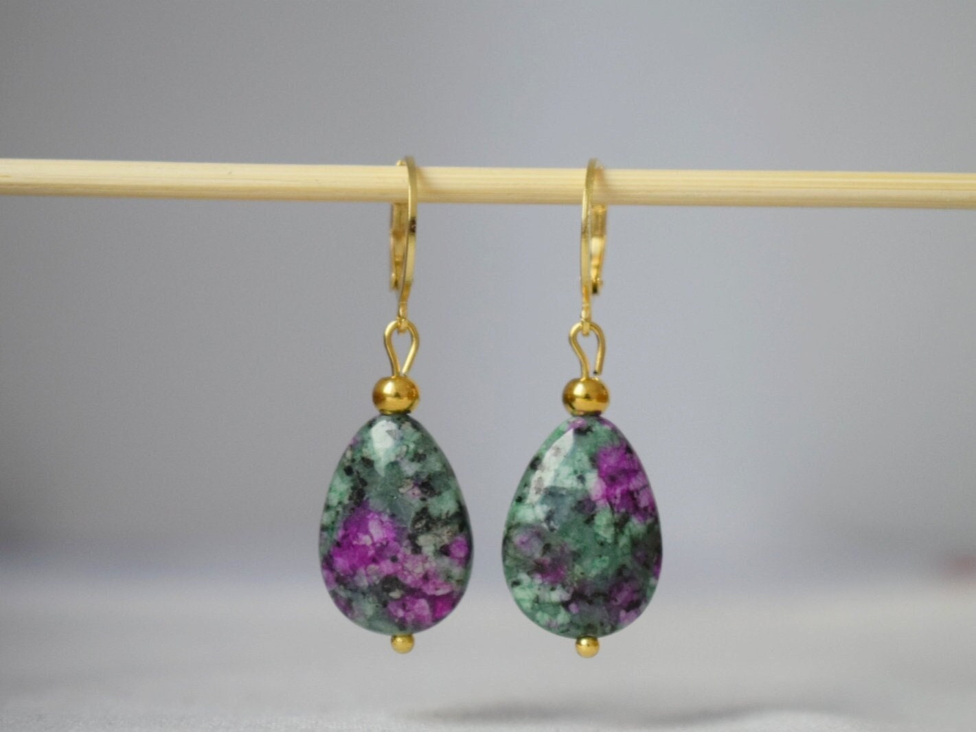 Ruby In Zoisite Earrings, Teardrop beaded Huggies, Dangle gemstone Jewelry