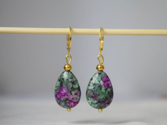 Ruby In Zoisite Earrings, Teardrop beaded Huggies, Dangle gemstone Jewelry