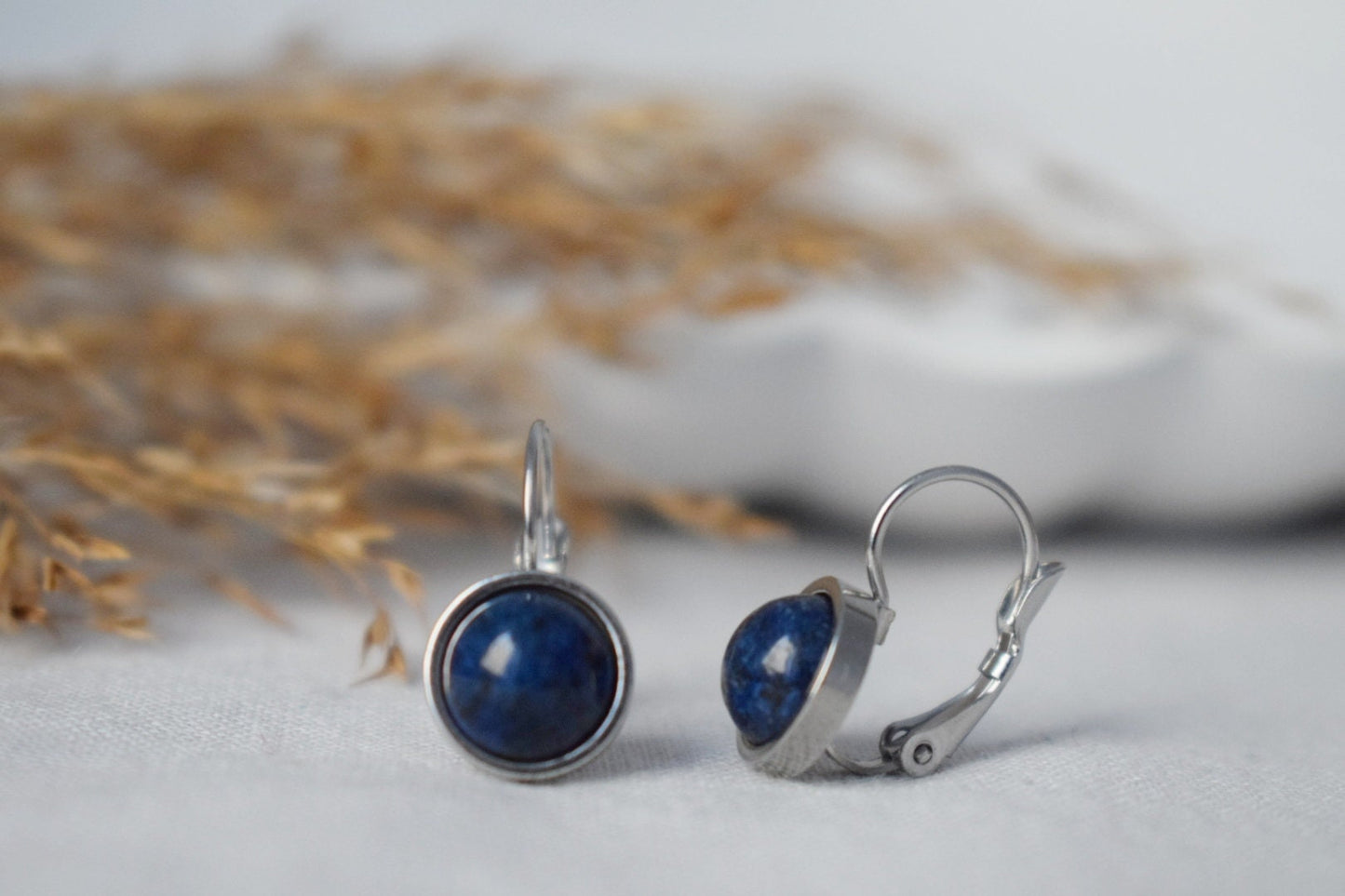 Kleine Lapislazuli-Ohrringe, Blaue Edelstein-Ohrringe, 10 mm Leverback-Ohrringe, runder Stein, September-Geburtsstein-Schmuck, Geschenk