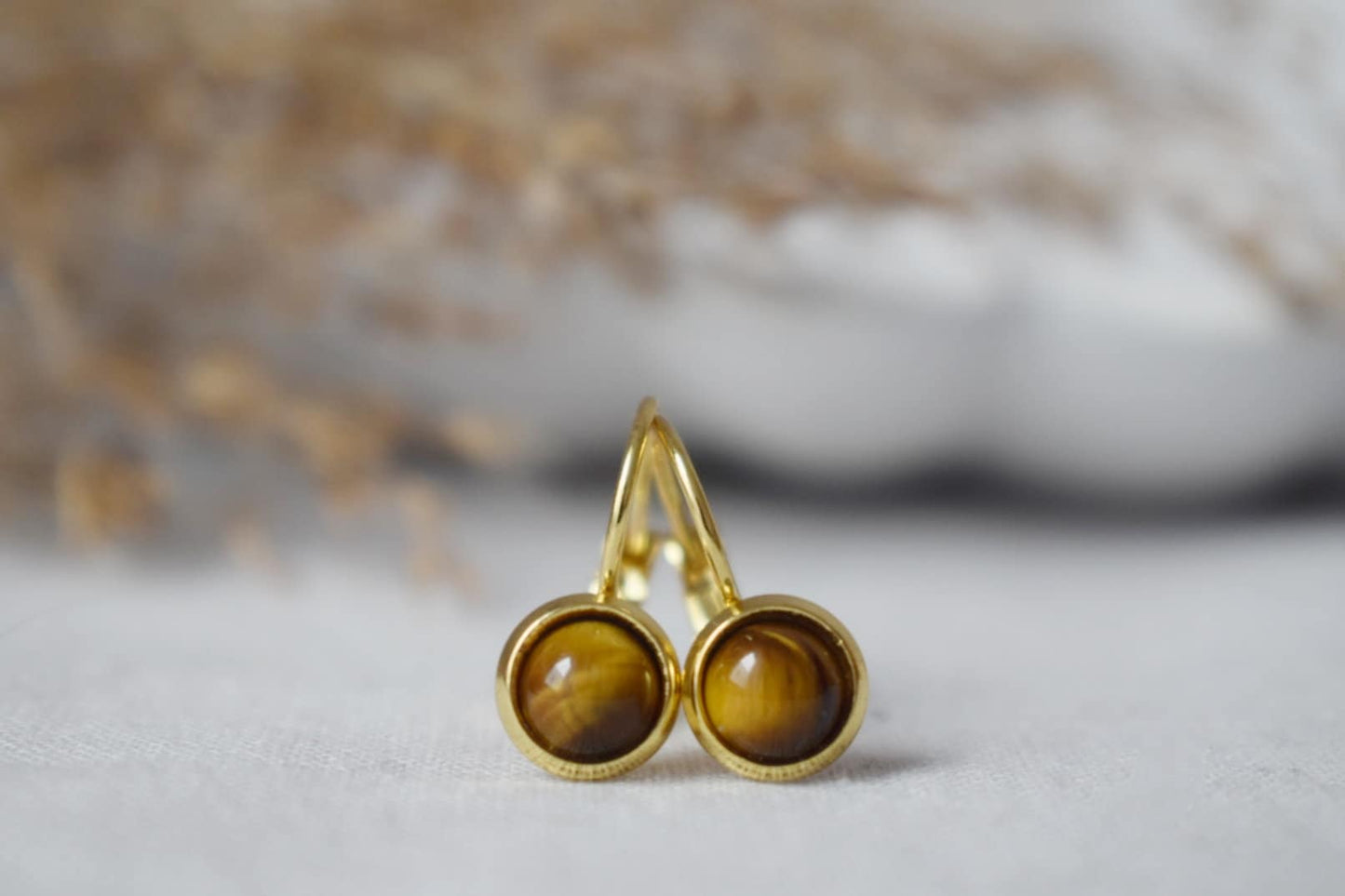 Tigerauge Ohrringe für Frauen, Edelstein-Ohrringe mit Klappverschluss, goldbrauner Naturstein, Chakra, Tigerauge Schmuck für sie, Muttertagsgeschenk