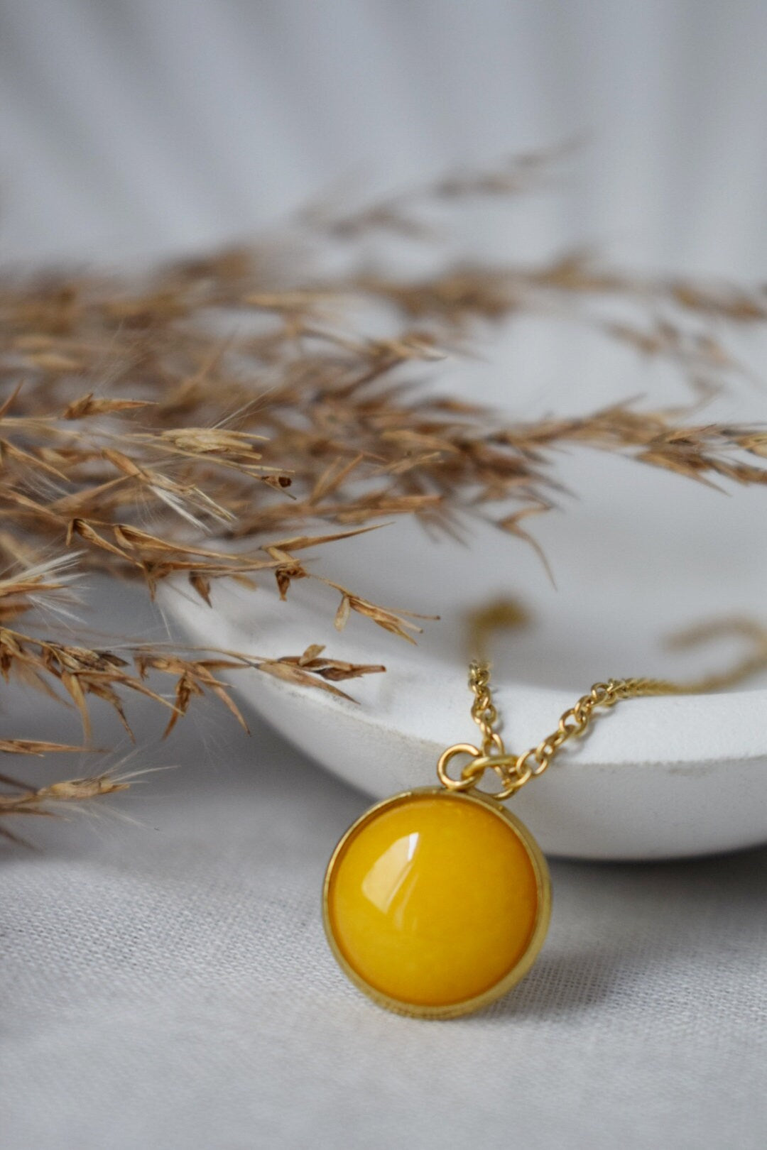 Yellow Jade Pendant Necklace: 18k Gold Plated Stainless Steel Jewelry