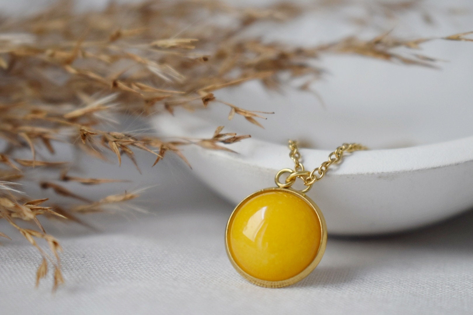 Yellow Jade Pendant Necklace: 18k Gold Plated Stainless Steel Jewelry